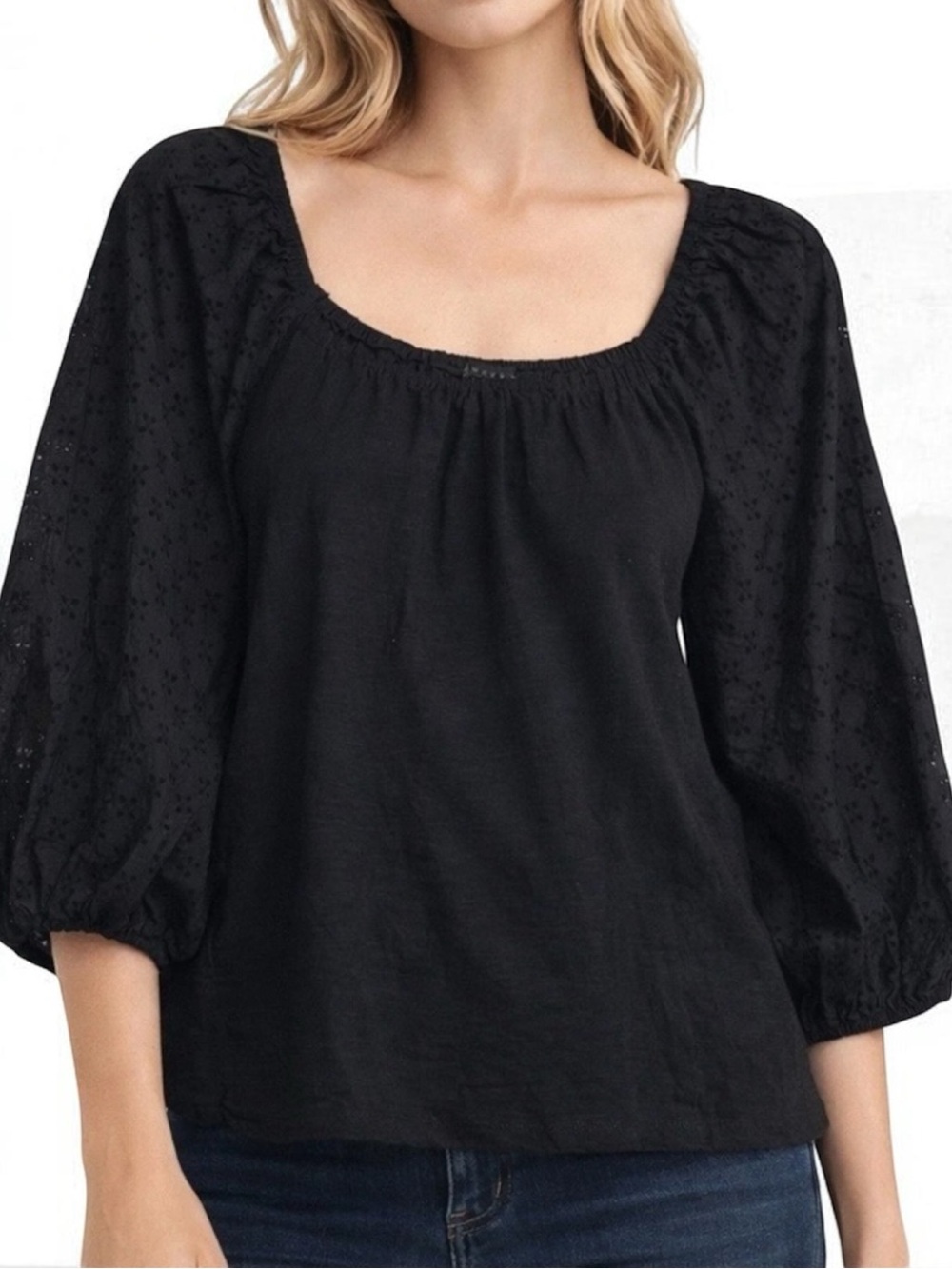 Santuary Black Eyelet-Sleeve Peasant Blouse
